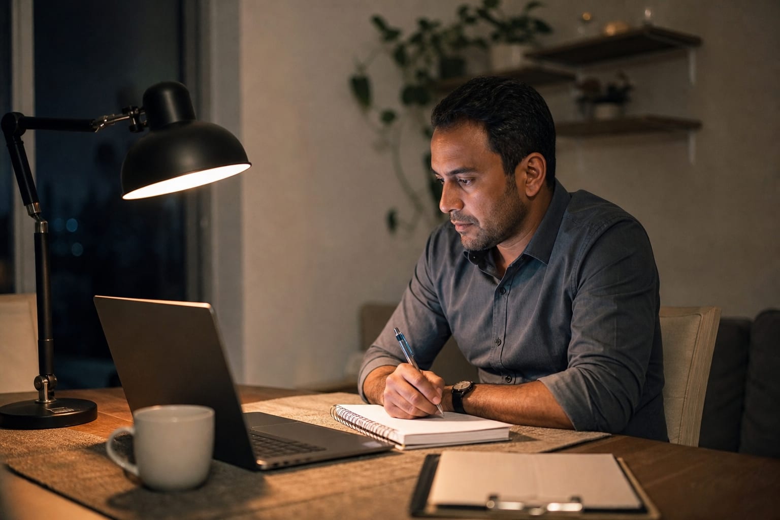 Síndico profissional tabulando respostas de pesquisa no notebook à noite