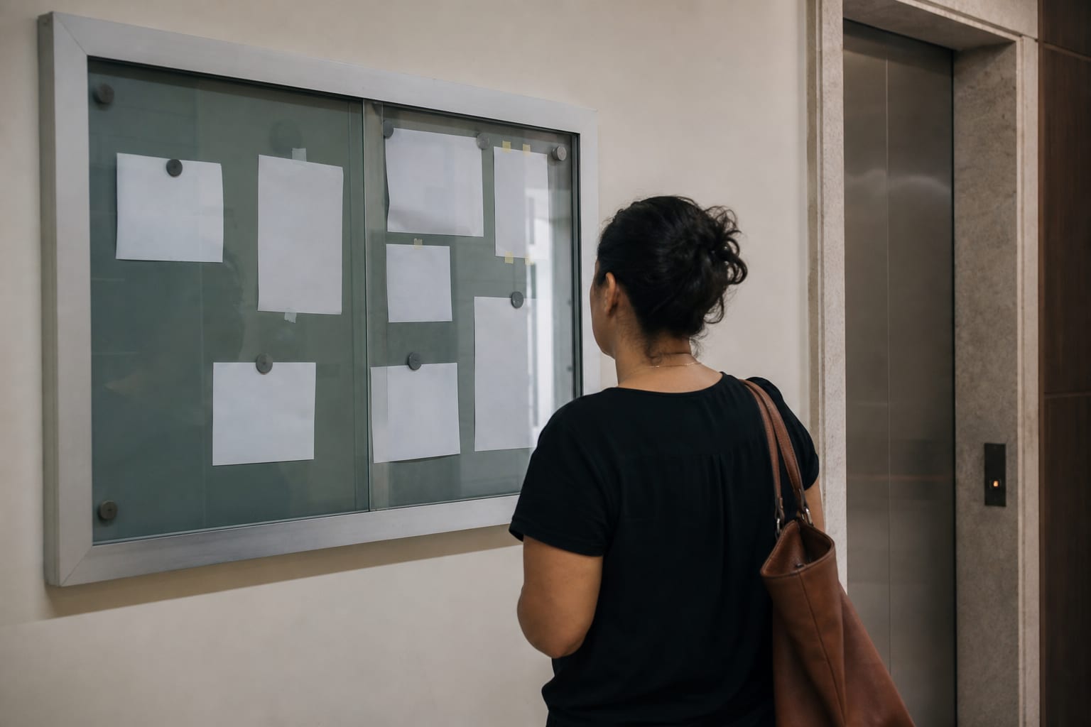 Moradora parada diante do quadro de avisos envidraçado do prédio