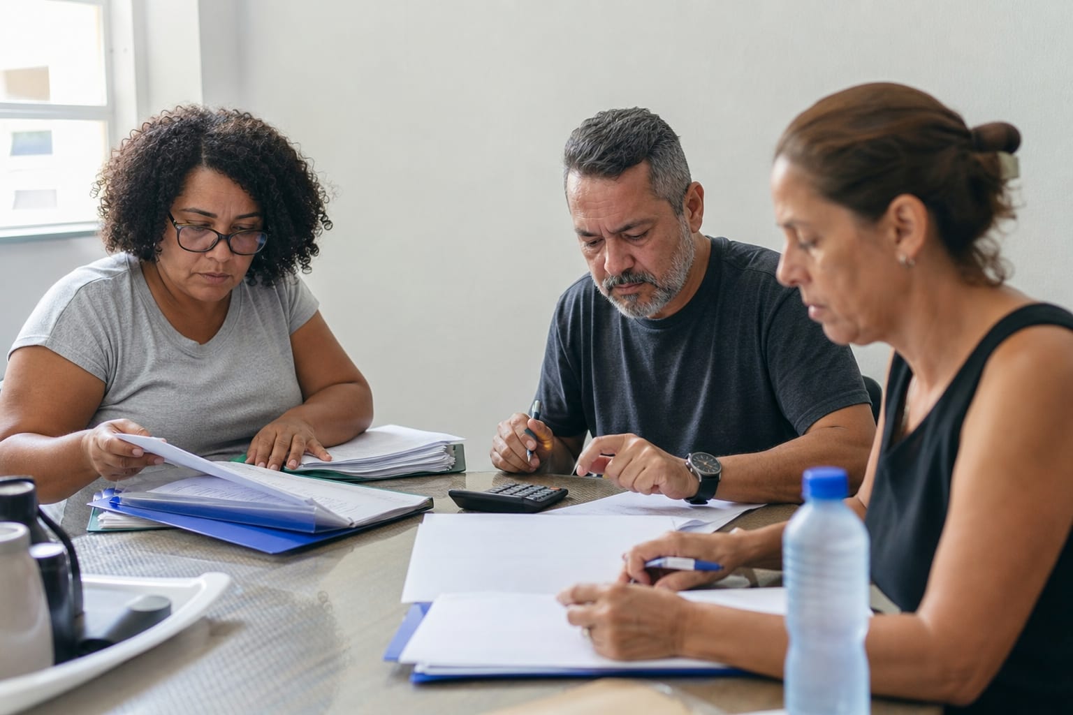 Conselho fiscal do condomínio analisa contas em reunião na sala de administração